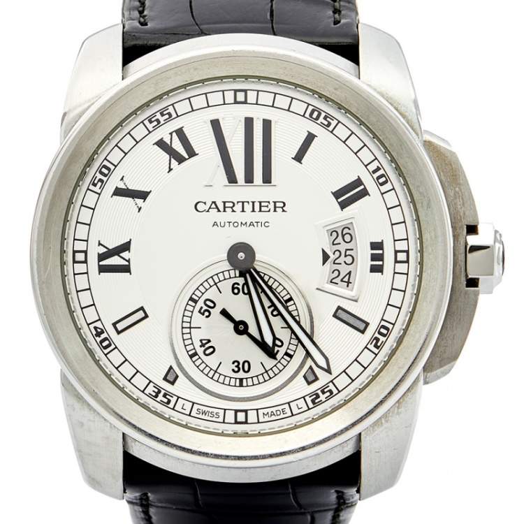 مملوكة مسبقًا Cartier Silver Stainless Steel Crocodile Calibre De Cartier 3299 Men's Wristwatch 42 mm