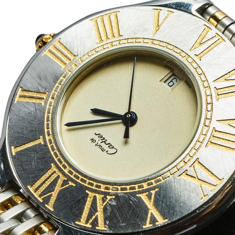Pre Owned Cartier Cream Two-Tone Stainless Steel Must de Cartier 21 Men's Wristwatch 35 mm 