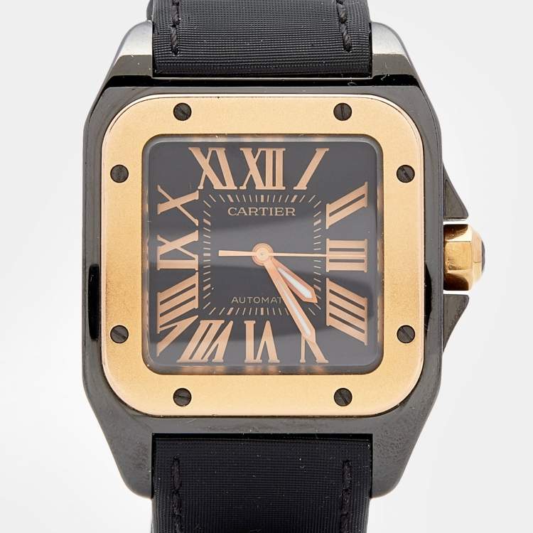 Pre Owned Cartier Black PVD Coated Stainless Steel 18K Rose Gold Santos 100 W2020009 Men's Wristwatch 33MM