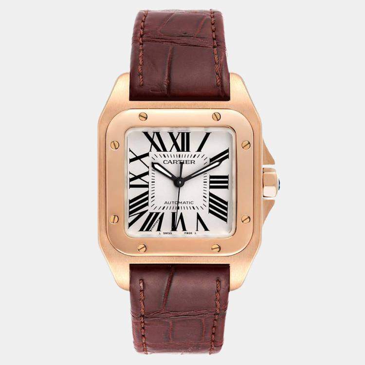 Cartier Silver 18K Rose Gold Santos 100 W20108Y1 Men's Wristwatch 33 mm ...