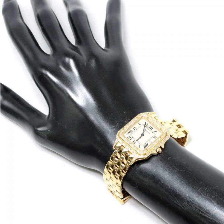 Pre Owned Cartier Silver Diamonds 18K Yellow Gold Panthere Women's Wristwatch 30 mm