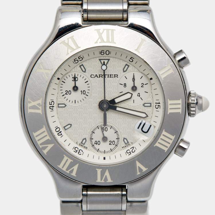 Pre Owned Cartier Silver Stainless Steel Chronoscaph 21 2424 Unisex Wristwatch 38 mm