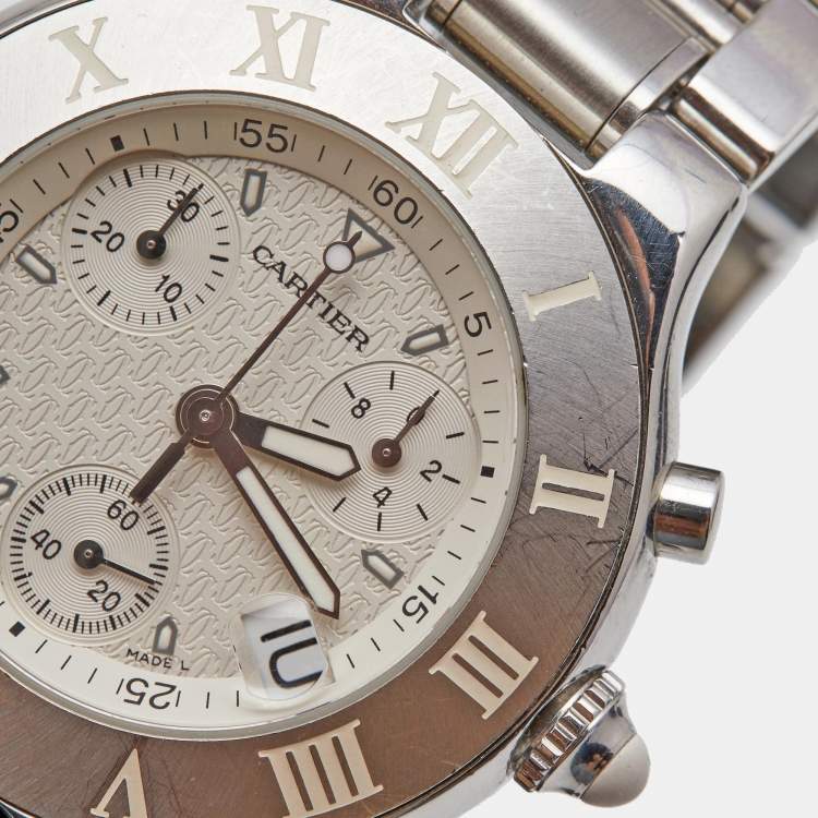 Pre Owned Cartier Silver Stainless Steel Chronoscaph 21 2424 Unisex Wristwatch 38 mm