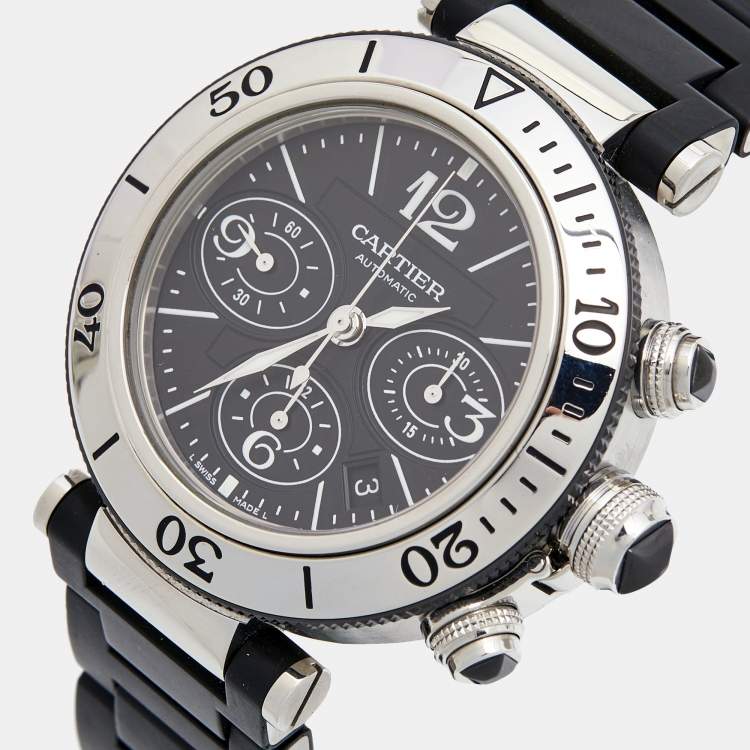 Pre Owned Cartier Black Stainless Steel Rubber Pasha Seatimer W31088U2 Men's Wristwatch 42 mm
