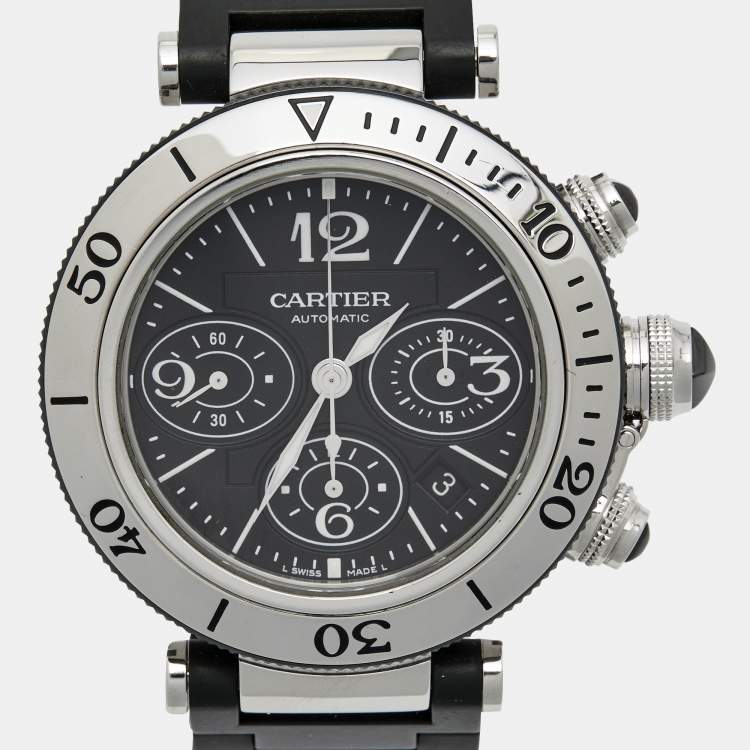 Pre Owned Cartier Black Stainless Steel Rubber Pasha Seatimer W31088U2 Men's Wristwatch 42 mm