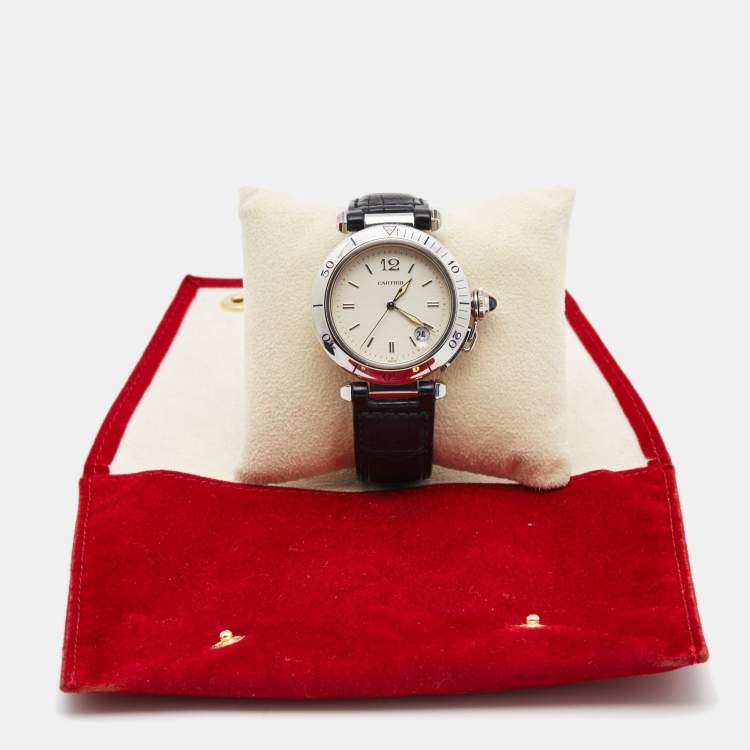 Pre Owned Cartier Cream Stainless Steel Leather Pasha de Cartier 1040 Automatic Men's Wristwatch 38 mm