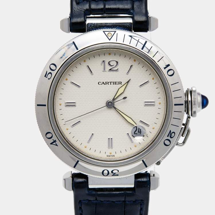 Pre Owned Cartier Cream Stainless Steel Leather Pasha de Cartier 1040 Automatic Men's Wristwatch 38 mm