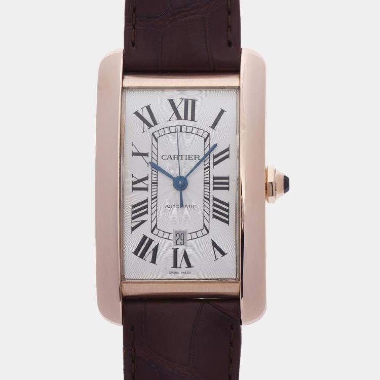 Cartier Silver and Brown 18K Rose Gold and Leather Tank Americaine