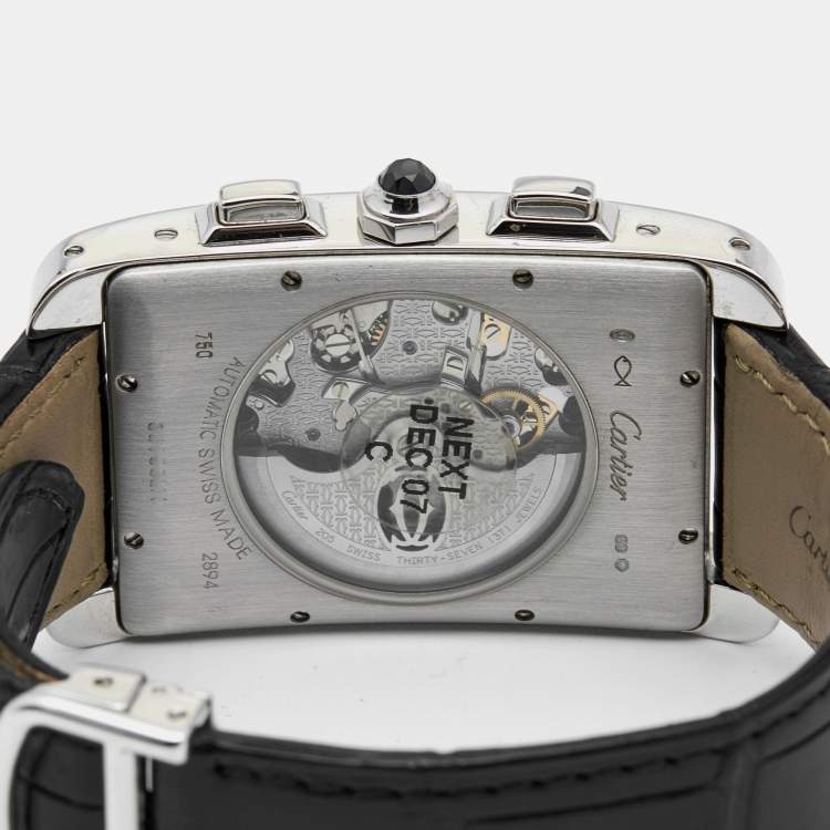 Pre Owned Cartier Silver 18k White Gold Alligator Tank Americaine W2609456 Men's Wristwatch 31.5 mm