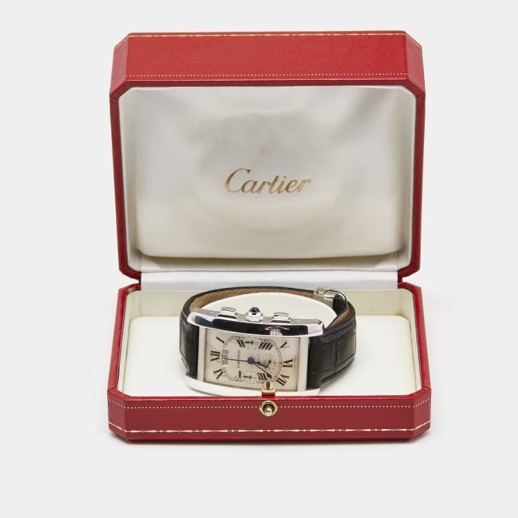 Pre Owned Cartier Silver 18k White Gold Alligator Tank Americaine W2609456 Men's Wristwatch 31.5 mm