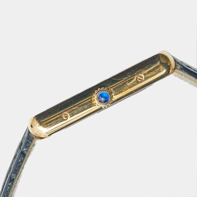 Pre Owned Cartier Silver 18K Yellow Gold Alligator Leather Tank Solo W5200025 Men's Wristwatch 27 mm