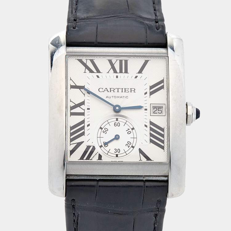 Pre Owned Cartier Silver Stainless Steel Alligator Tank MC W5330003  Men's Wristwatch 35 mm