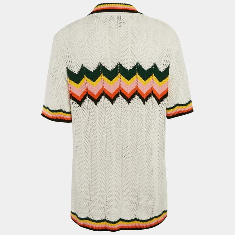 Pre Owned Casablanca White Striped Crochet Short Sleeve Shirt L