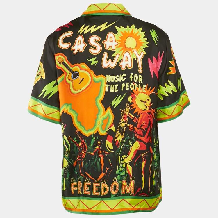 Pre Owned Casablanca Black Multi Printed Silk Bowling Shirt L