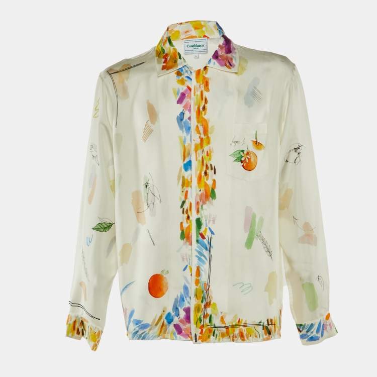 Pre Owned Casablanca Tennis Club Off White Printed Silk Shirt XL