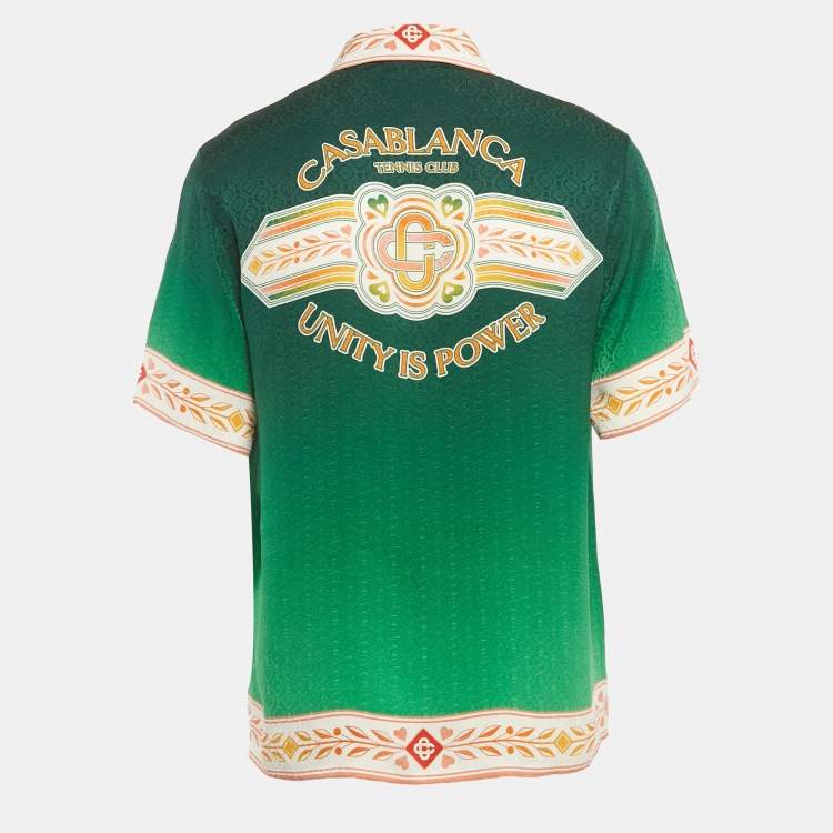 Pre Owned Casablanca Tennis Club Green Printed Silk Utility Power Short Sleeve Shirt S