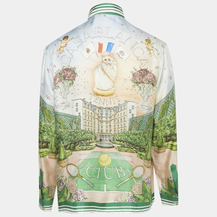 Pre Owned قميص كازابلانكا حرير مطبوع أخضر بنادي التنس بريف مقاس كبير (لارج)
