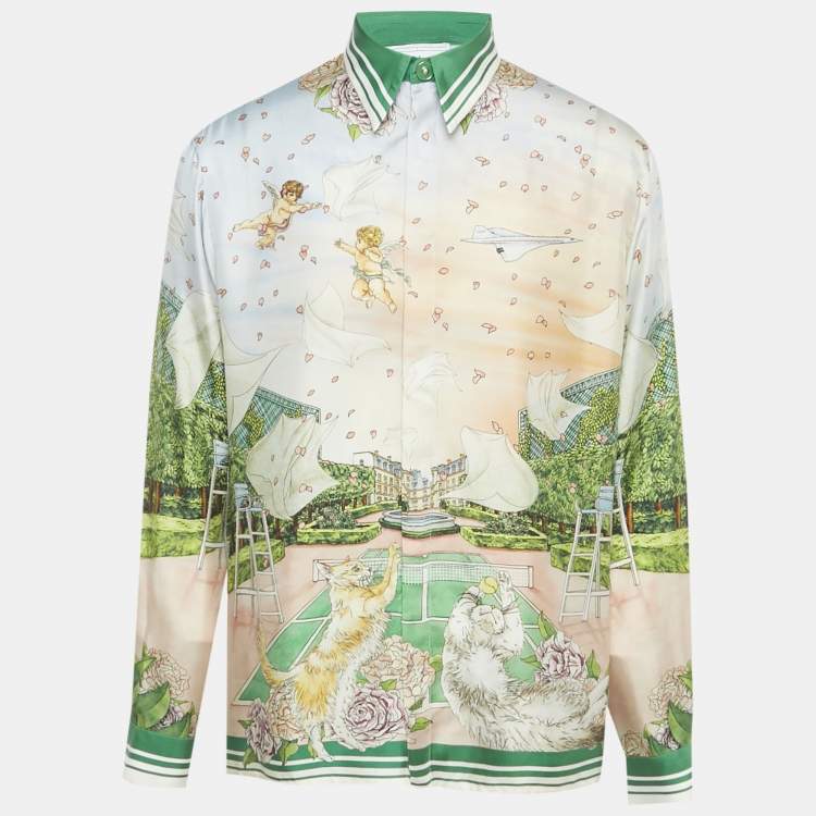 Pre Owned قميص كازابلانكا حرير مطبوع أخضر بنادي التنس بريف مقاس كبير (لارج)