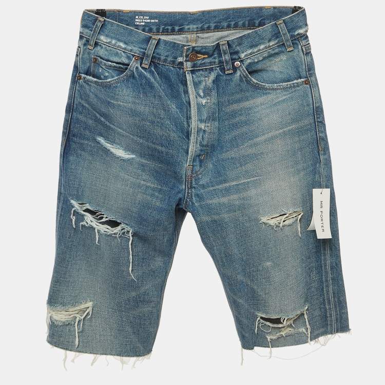 Pre Owned Celine Blue Distressed Denim Buttoned Shorts M Waist 32''