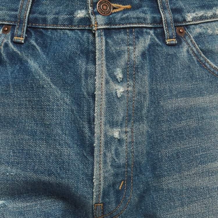 Pre Owned Celine Blue Distressed Denim Buttoned Shorts M Waist 32''
