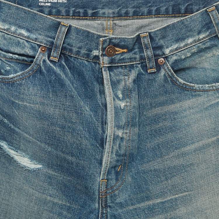 Pre Owned Celine Blue Distressed Denim Buttoned Shorts M Waist 32''