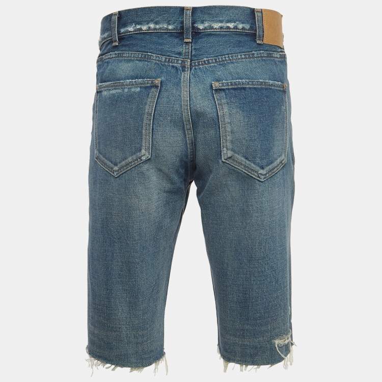 Pre Owned Celine Blue Distressed Denim Buttoned Shorts M Waist 32''
