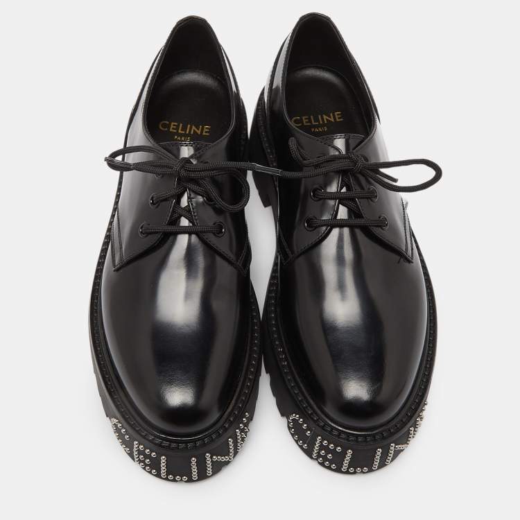 Pre Owned Celine Leather Black Leather Accents Studded Lace Up Derby Size 41