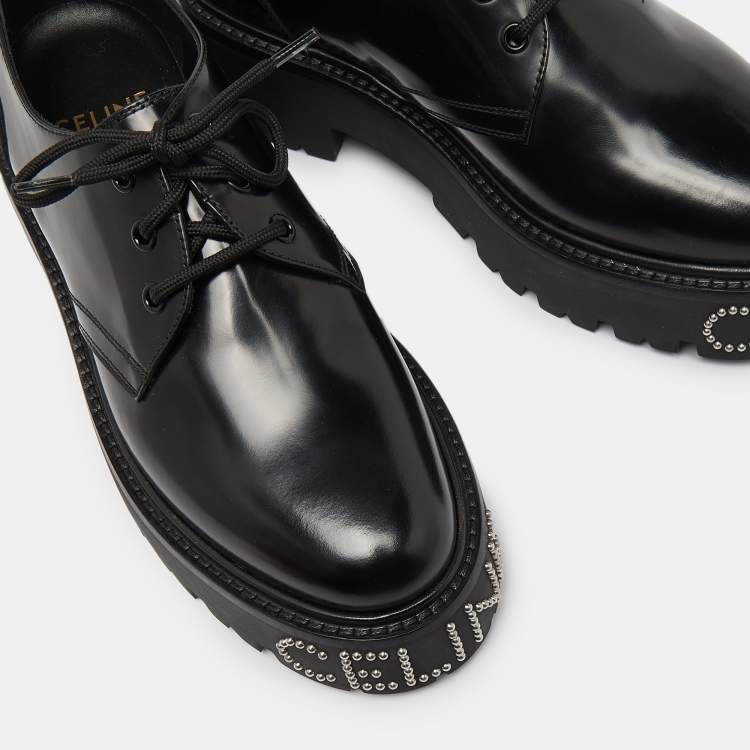 Pre Owned Celine Leather Black Leather Accents Studded Lace Up Derby Size 41