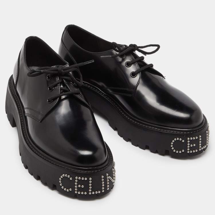 Pre Owned Celine Leather Black Leather Accents Studded Lace Up Derby Size 41