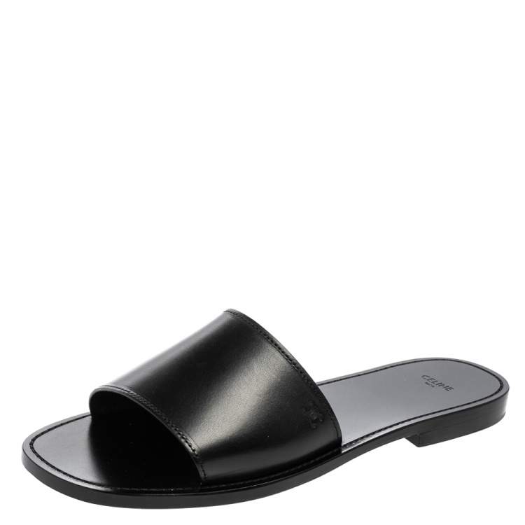 Pre Owned Celine Black Leather Flat Slides Size 44