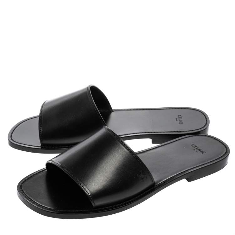 Pre Owned Celine Black Leather Flat Slides Size 44