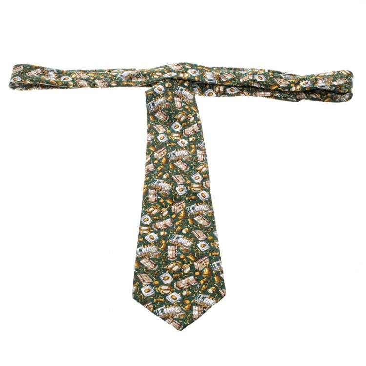 Pre Owned Céline Green Printed Traditional Silk Tie