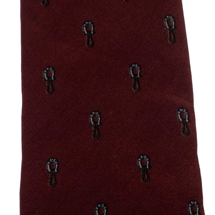 Pre Owned Celine Vintage Brown Silk Horse Shoe Print Tie 