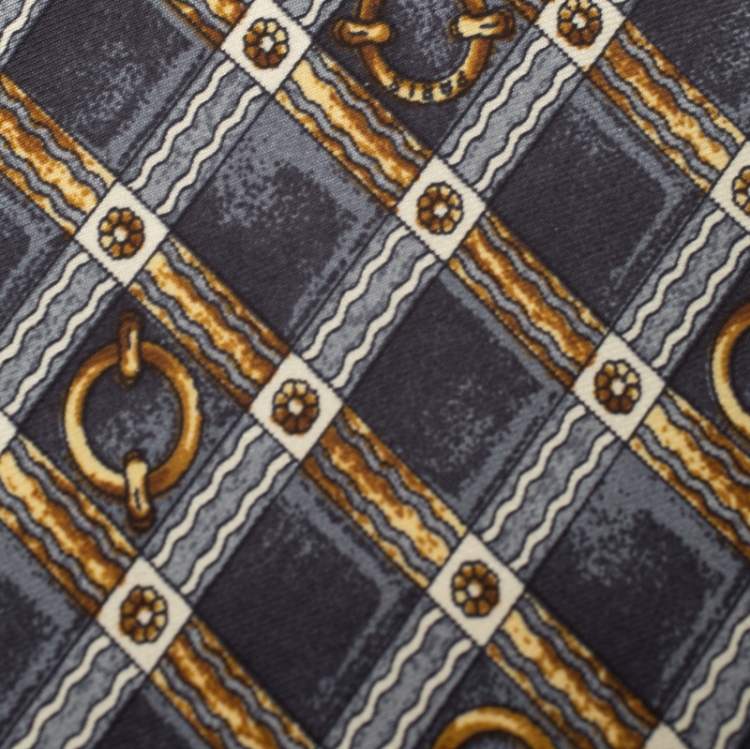 Pre Owned Celine Vintage Grey and Gold Equestrian Print Silk Tie