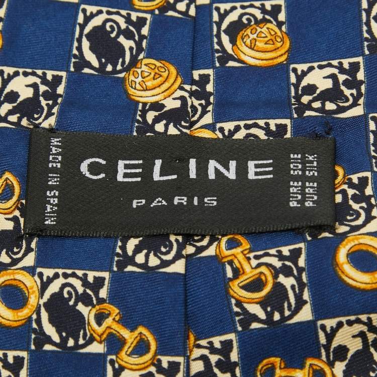 Pre Owned Celine Vintage Navy Blue Print Silk Traditional Tie