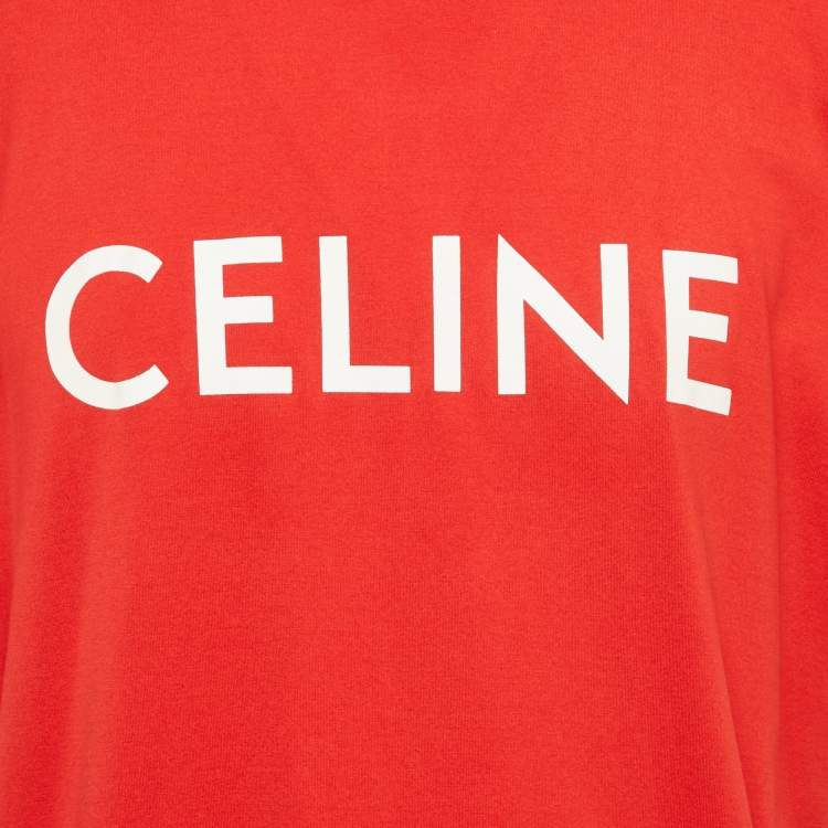 Pre Owned Celine Red Logo Print Jersey Crewneck T-Shirt L