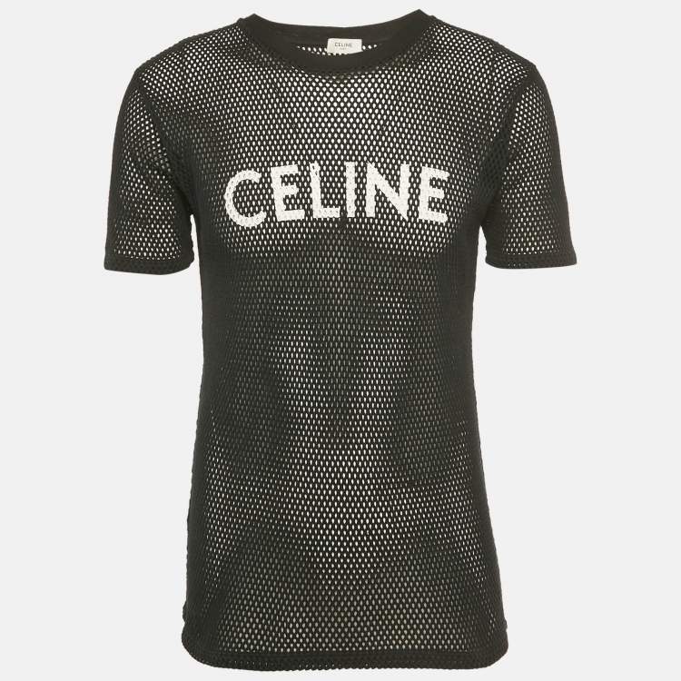 Pre Owned Celine Black Logo Print Mesh Sheer T-Shirt L