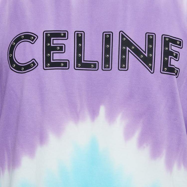Pre Owned Celine Multicolor Studded Logo Print Cotton Crew Neck T-Shirt L