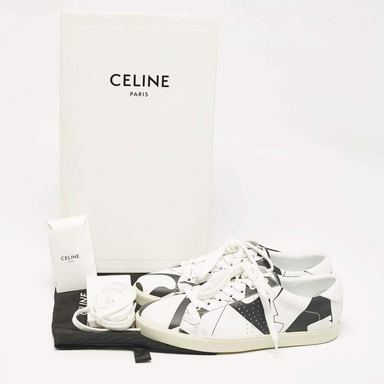 Pre Owned Celine White/Black Print Leather Triomphe Sneakers Size 41
