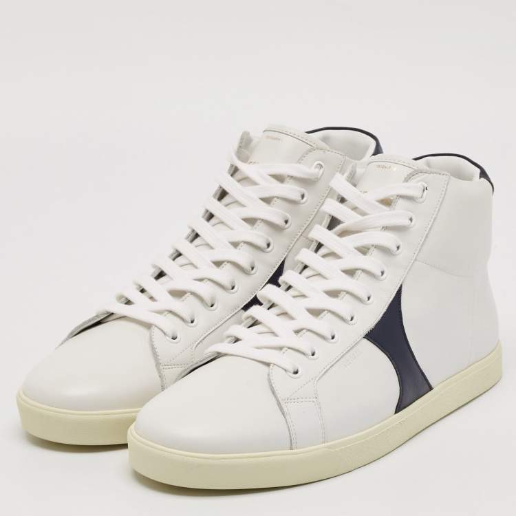 Pre Owned Celine White/Navy Blue Leather High Top Sneakers Size 44