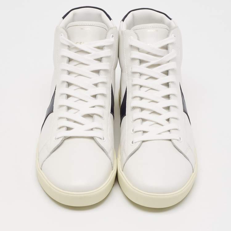 Pre Owned Celine White/Navy Blue Leather High Top Sneakers Size 44