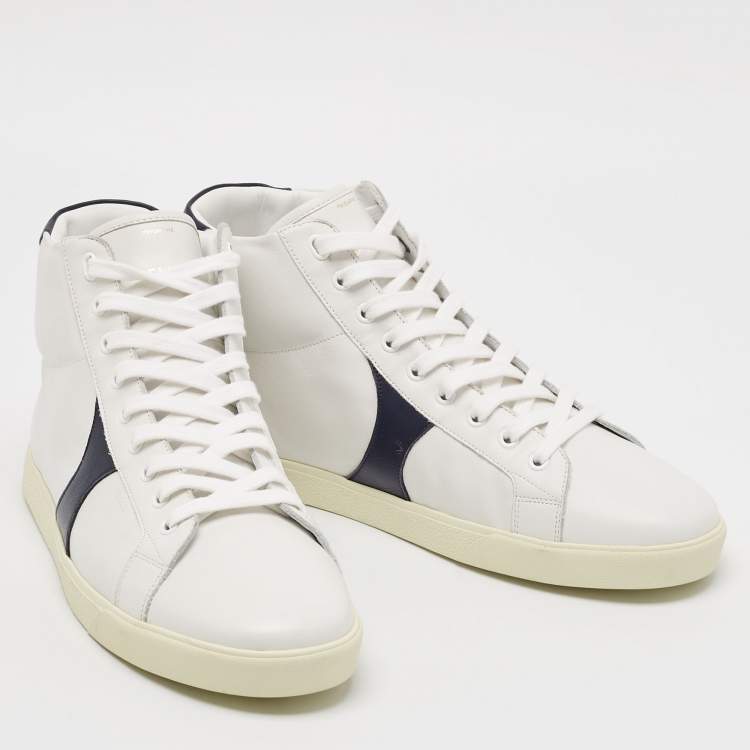Pre Owned Celine White/Navy Blue Leather High Top Sneakers Size 44