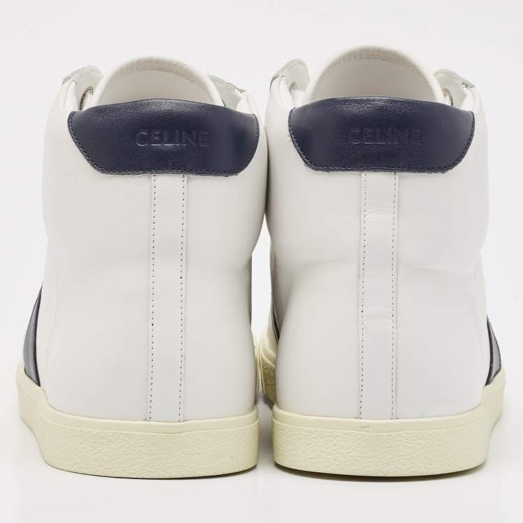 Pre Owned Celine White/Navy Blue Leather High Top Sneakers Size 44
