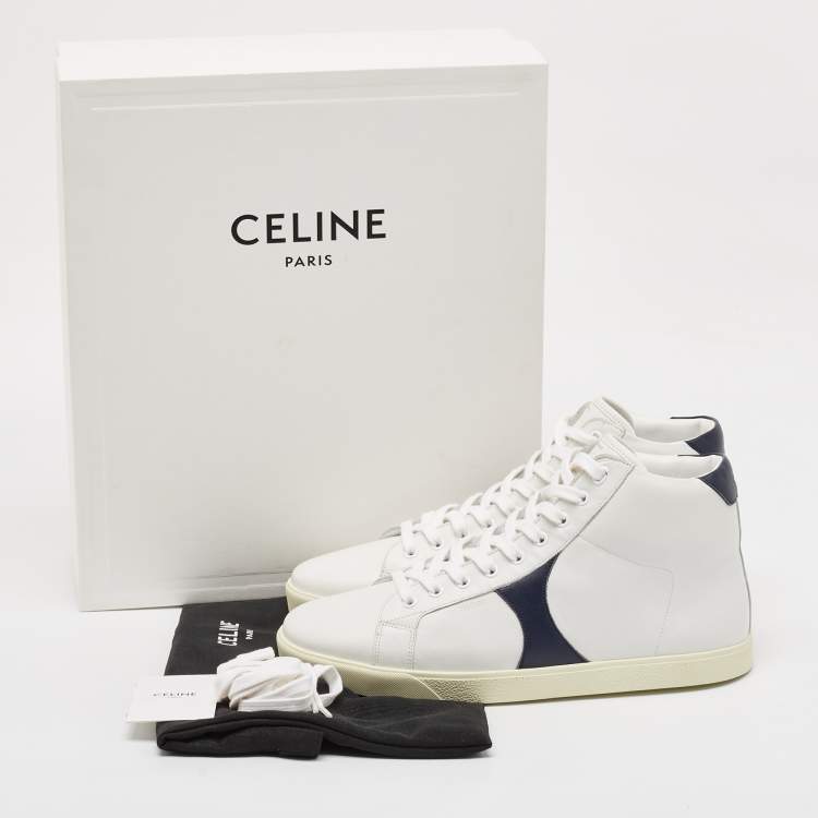 Pre Owned Celine White/Navy Blue Leather High Top Sneakers Size 44