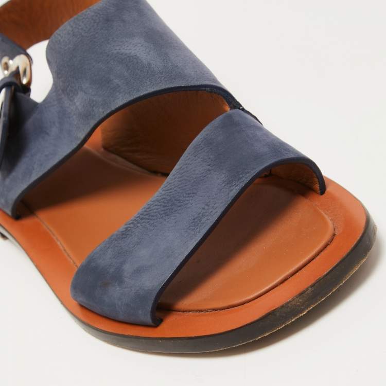 Pre Owned Celine Blue Nubuck Leather Buckle Slingback Flat Sandals Size 39.5