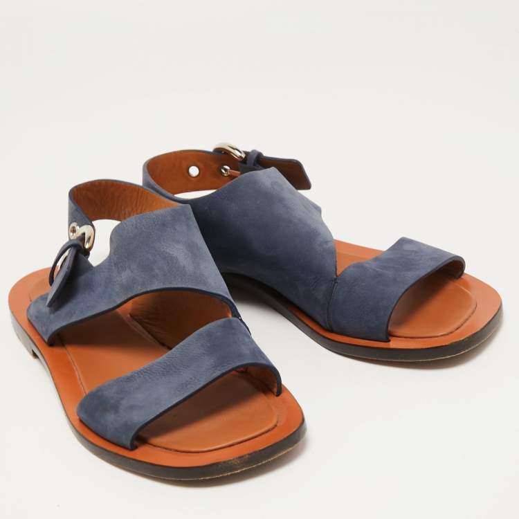 Pre Owned Celine Blue Nubuck Leather Buckle Slingback Flat Sandals Size 39.5