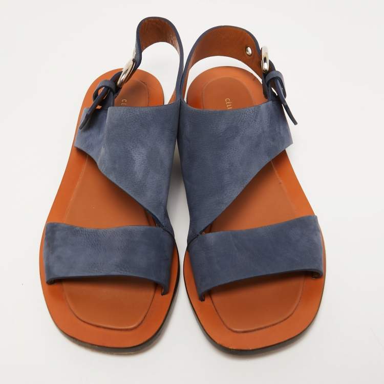 Pre Owned Celine Blue Nubuck Leather Buckle Slingback Flat Sandals Size 39.5