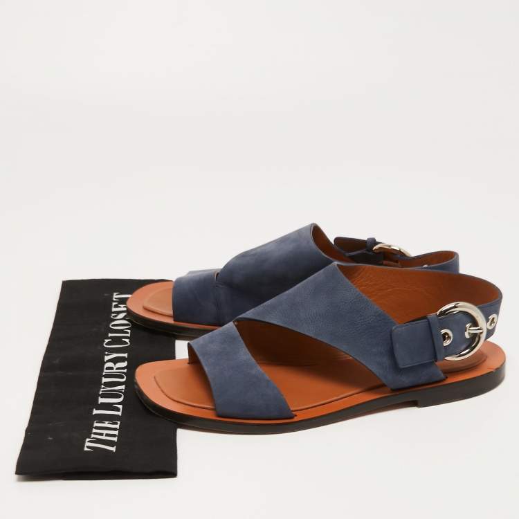 Pre Owned Celine Blue Nubuck Leather Buckle Slingback Flat Sandals Size 39.5
