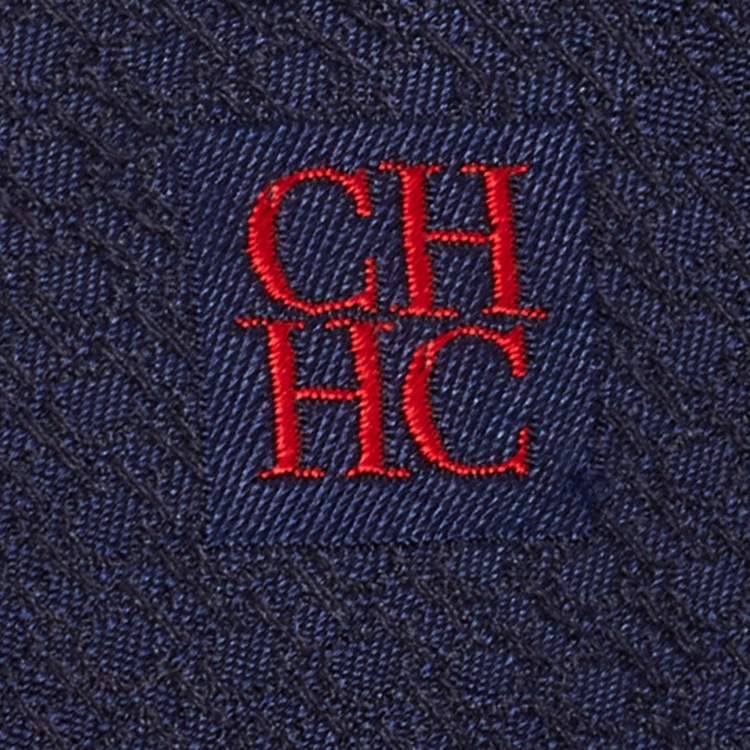 Pre Owned CH Carolina Herrera Navy Blue Logo Jacquard Silk Tie