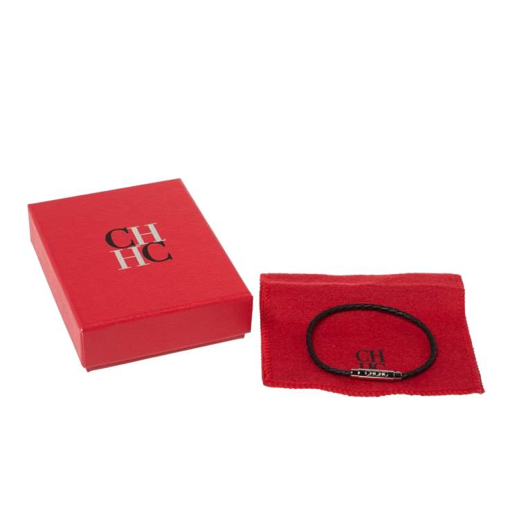 Pre Owned CH Carolina Herrera Black Braided Leather Tube Bracelet
